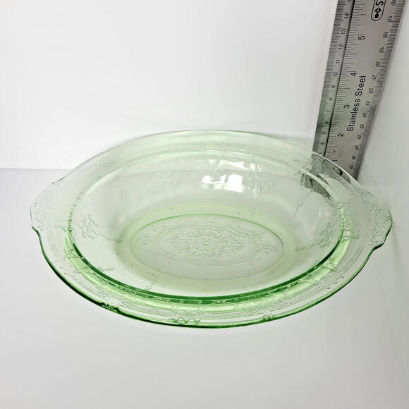 Cameo Ballerina  Anchor Hocking Green  Depression Vaseline Glass 10" x 2 Bowl - Picture 3 of 11